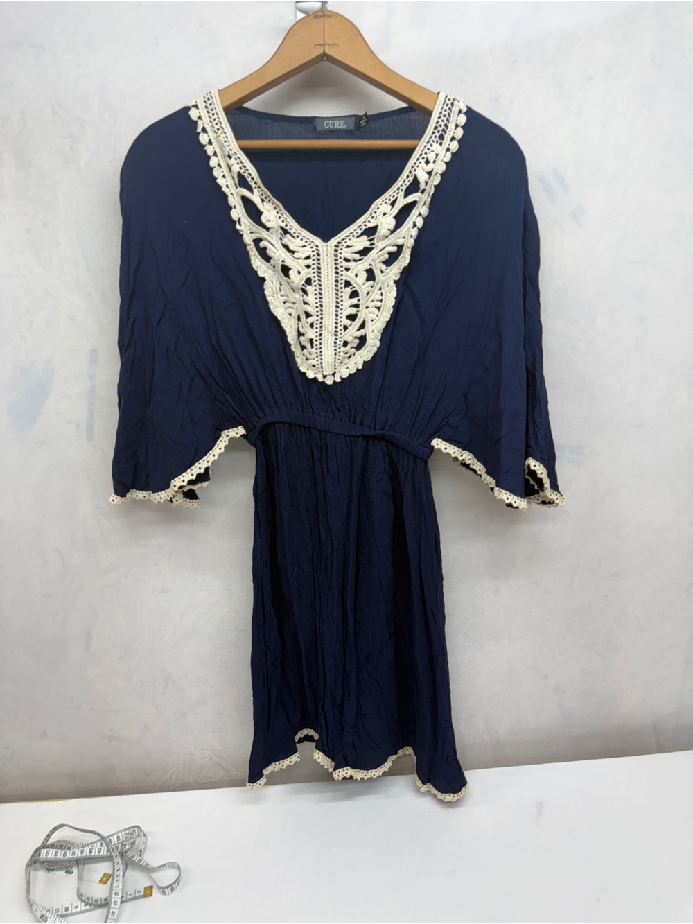 Navy Mini Dress with Cream Crochet V-Neck by CURE